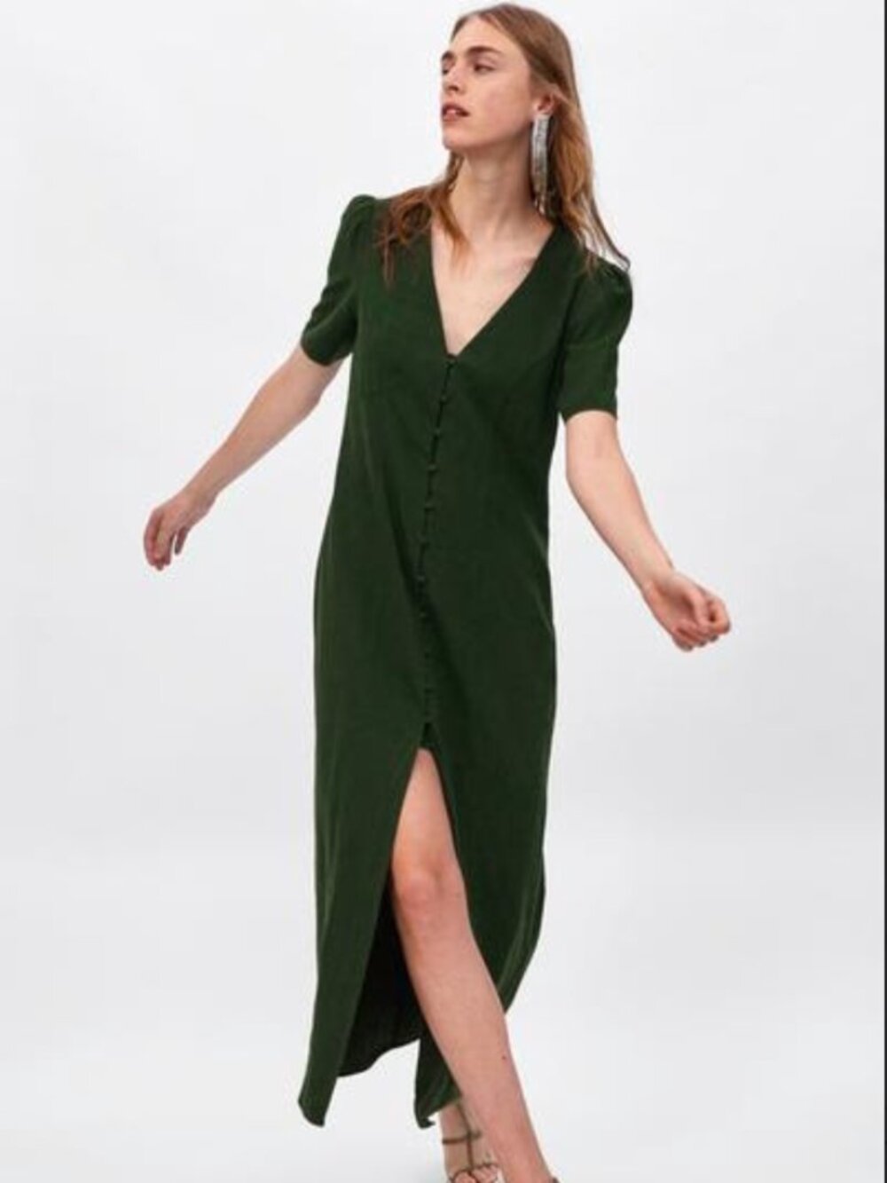 Zara Green Button Linen Maxi Dress